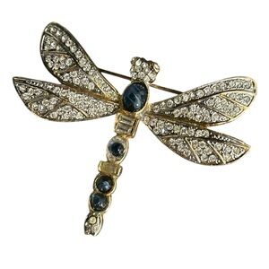Sold❌kENNETH LANE Dragonfly Pin Brooch Blue Clear Rhinestone Gold Tone KJL